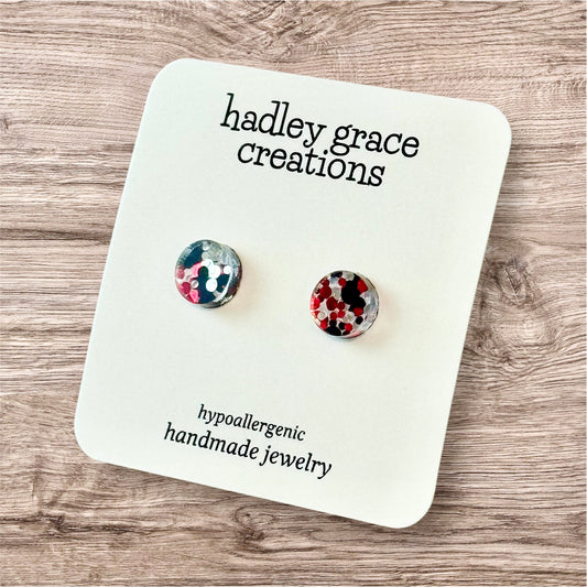 Red/Black/Silver Sparkly Stud Earrings