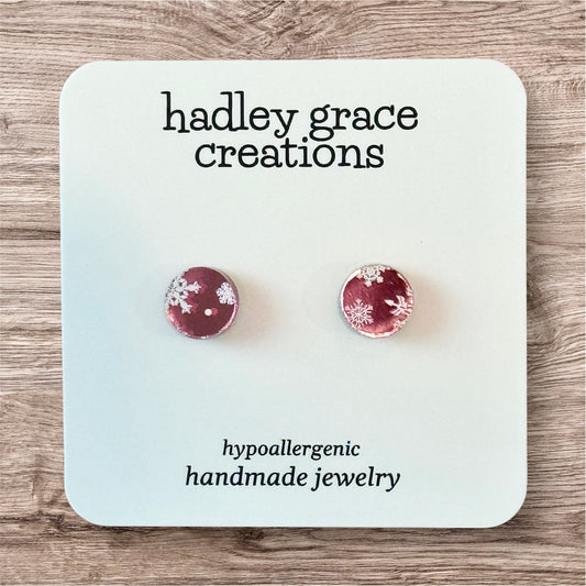 Pink Mirrored Snowflake Stud Earrings