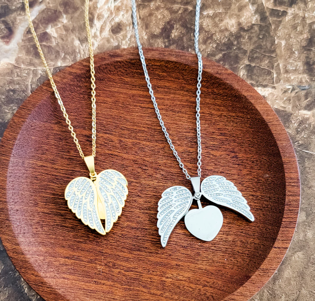 Sparkling Wings Hidden Heart Necklace (Silver or Gold) with Pave Cubic Zirconia CZ