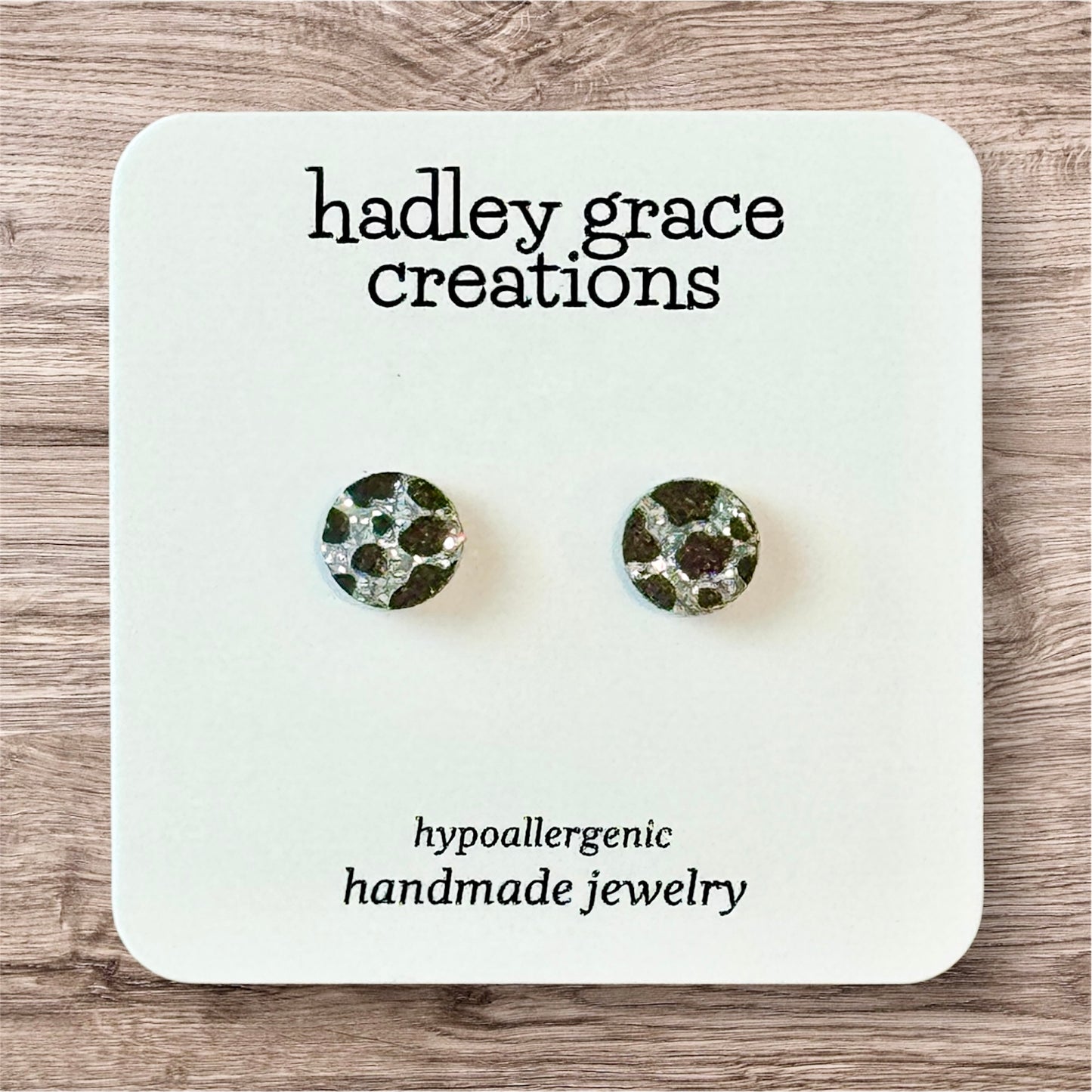 Cow Print Silver Glitter Back Stud Earrings