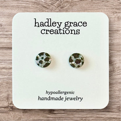 Cow Print Silver Glitter Back Stud Earrings