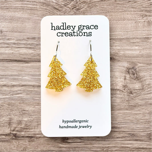 Gold Glitter Christmas Tree Dangle Earrings