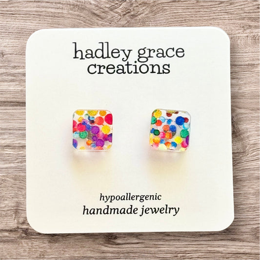 Square Rainbow Dots Stud Earrings