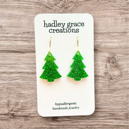 Green Glitter Christmas Tree Dangle Earrings