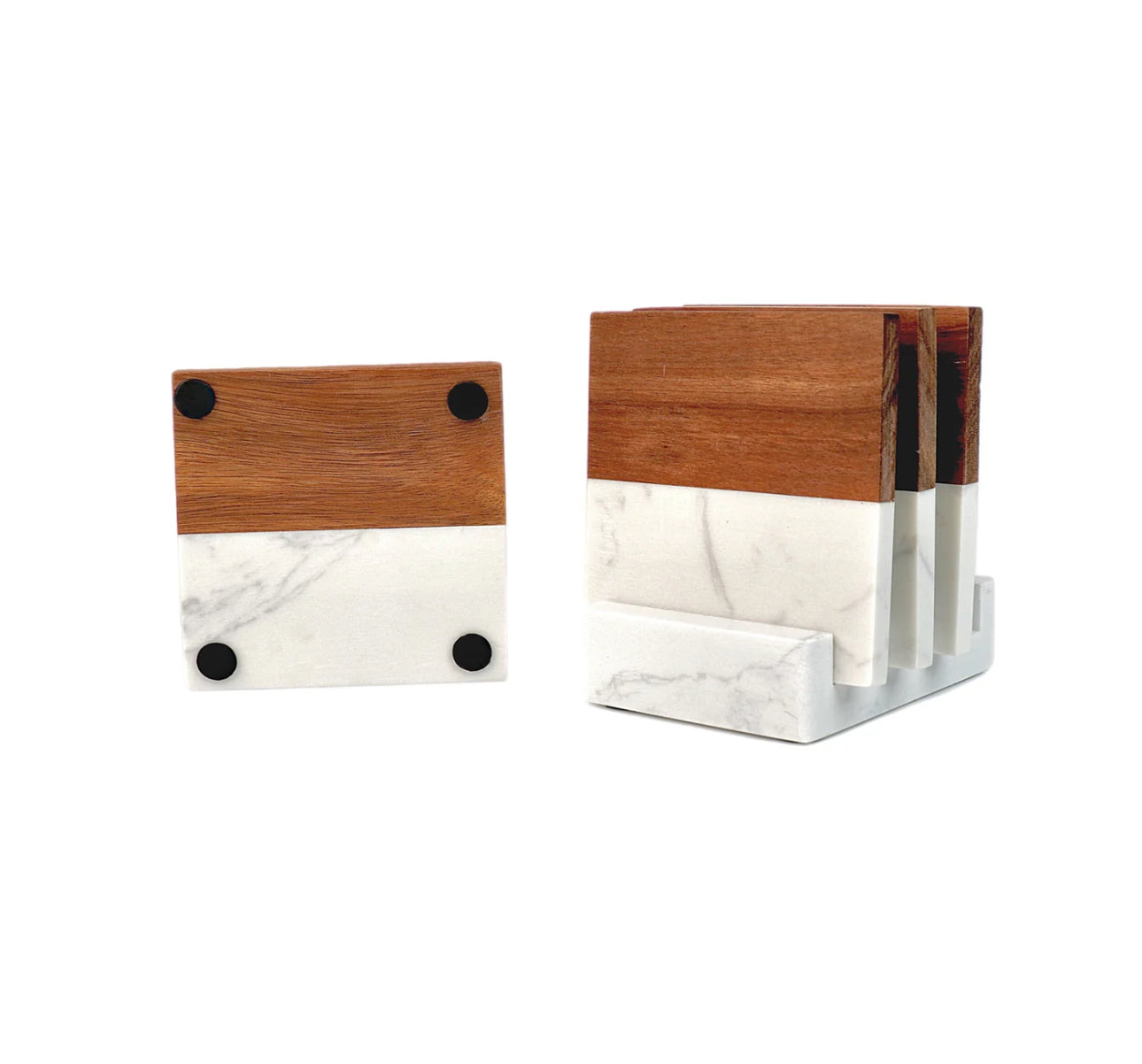 Personalized Marble & Wood Coasters - Set of 4 Coasters and Stand