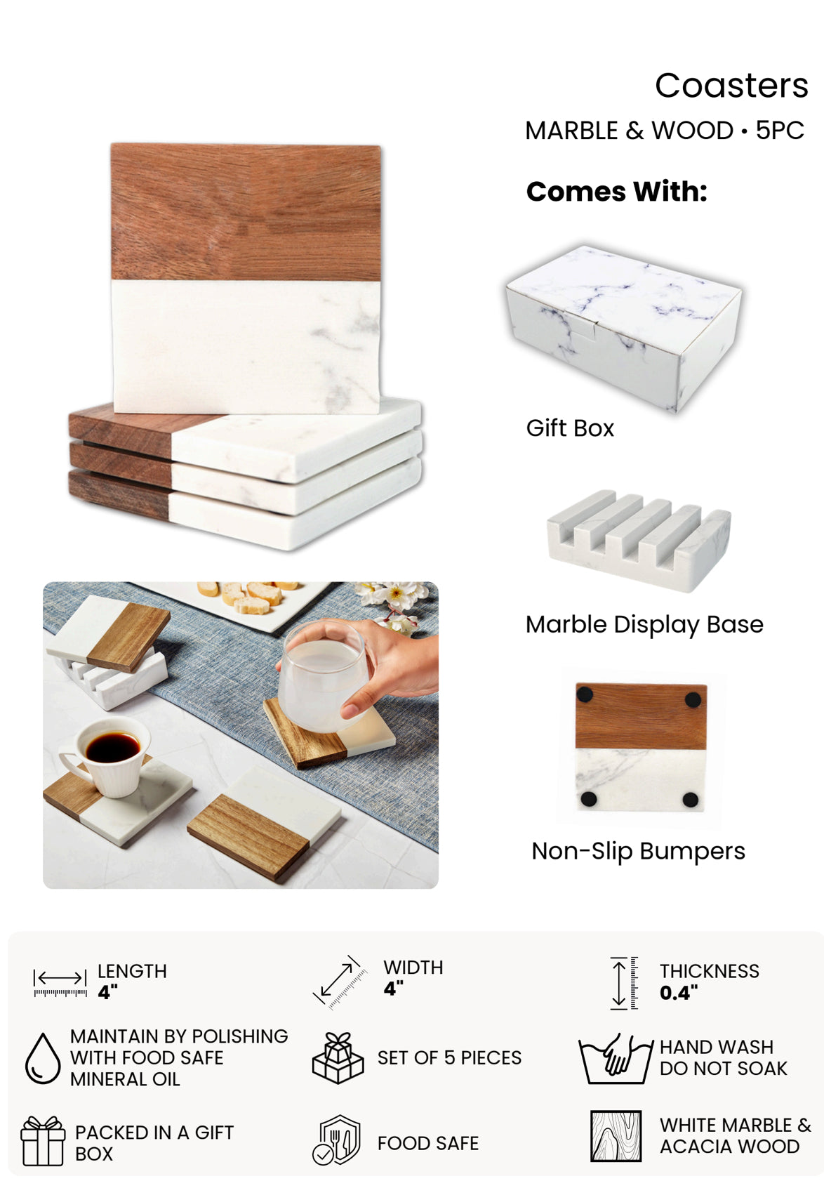 Personalized Marble & Wood Coasters - Set of 4 Coasters and Stand