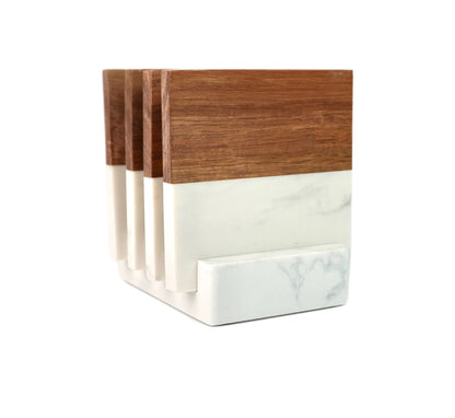 Personalized Marble & Wood Coasters - Set of 4 Coasters and Stand