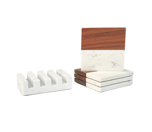 Personalized Marble & Wood Coasters - Set of 4 Coasters and Stand