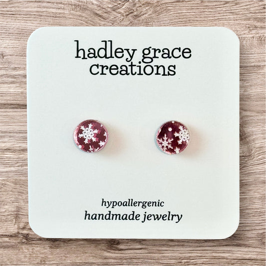 Pink Mirrored Snowflake Stud Earrings