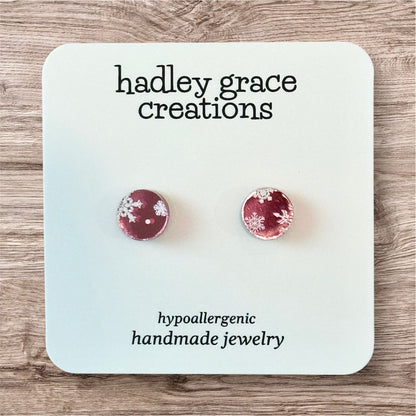 Pink Mirrored Snowflake Stud Earrings