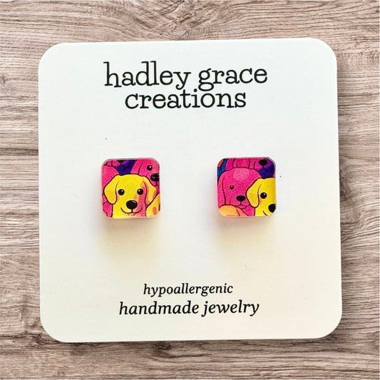 Square Multicolor Puppy Print Earrings