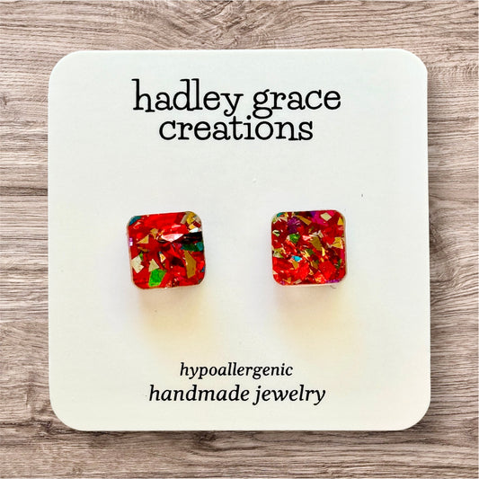 Square Red Party Flake Earrings