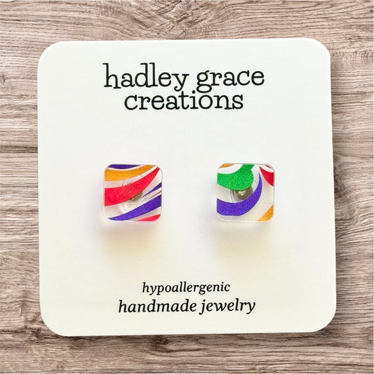 Square Rainbow Swirl Stud Earrings