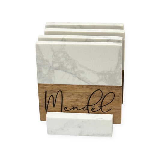 Personalized Marble & Wood Coasters - Set of 4 Coasters and Stand