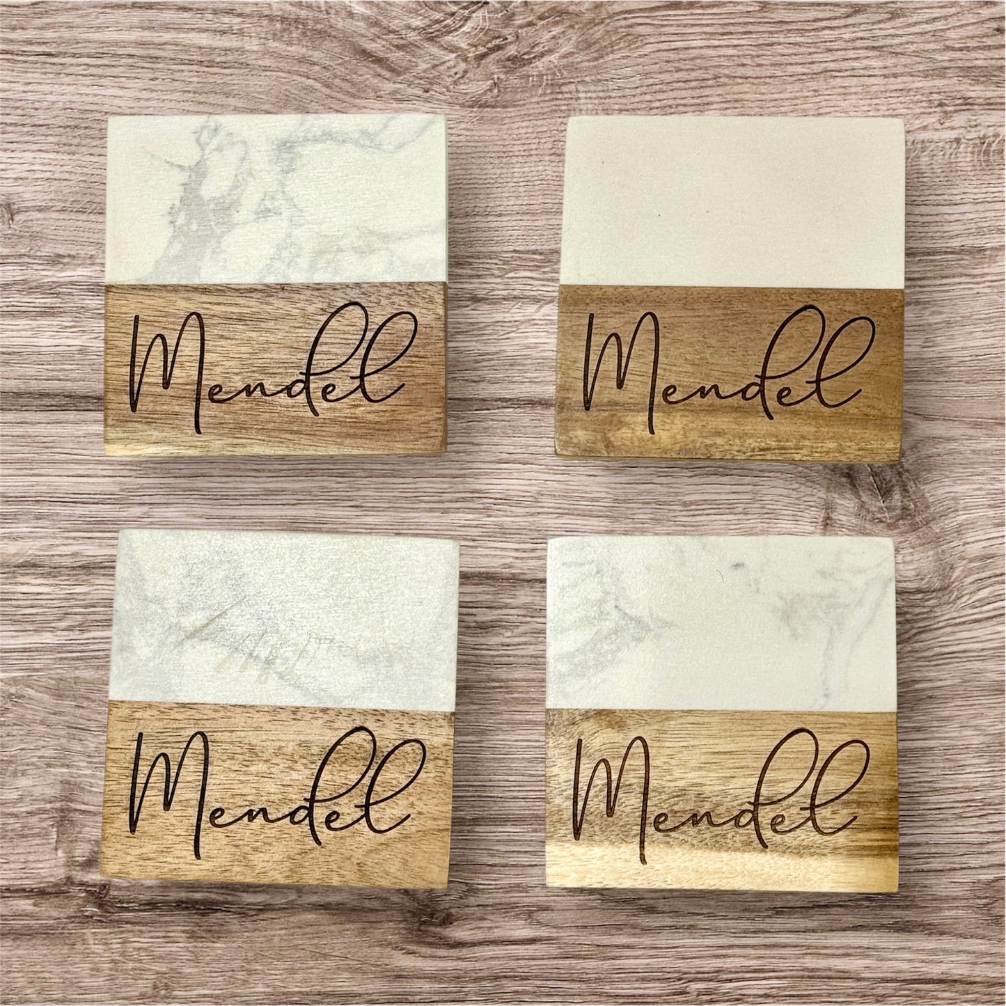 Personalized Marble & Wood Coasters - Set of 4 Coasters and Stand
