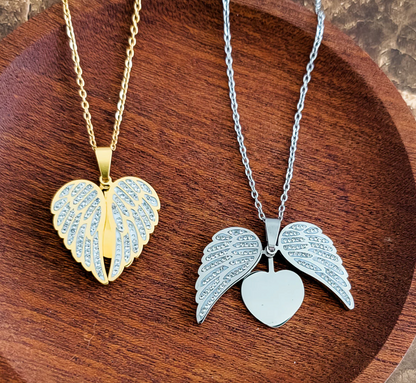 Sparkling Wings Hidden Heart Necklace (Silver or Gold) with Pave Cubic Zirconia CZ