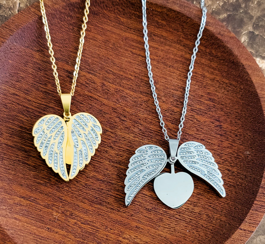 Sparkling Wings Hidden Heart Necklace (Silver or Gold) with Pave Cubic Zirconia CZ