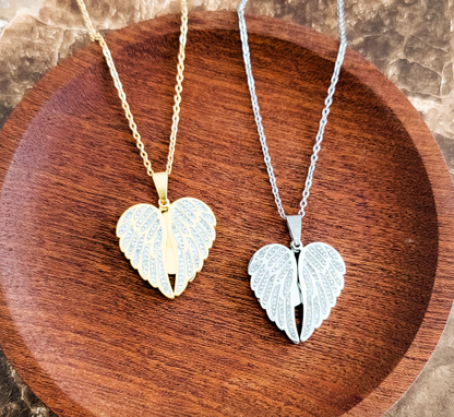 Sparkling Wings Hidden Heart Necklace (Silver or Gold) with Pave Cubic Zirconia CZ