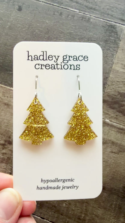 Gold Glitter Christmas Tree Dangle Earrings