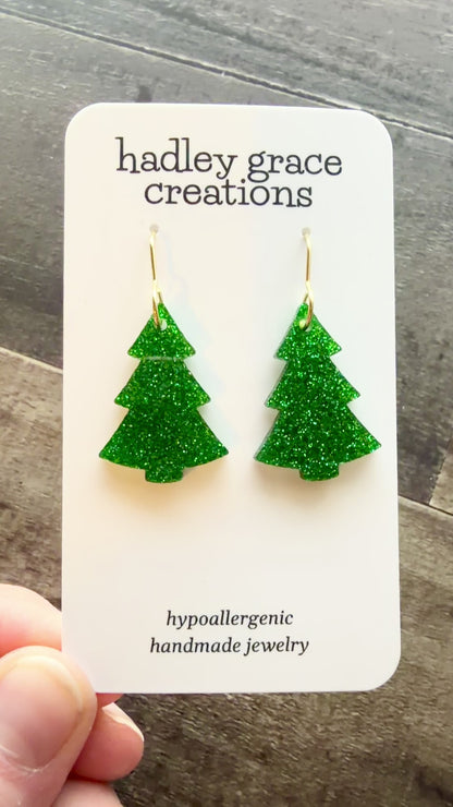 Green Glitter Christmas Tree Dangle Earrings
