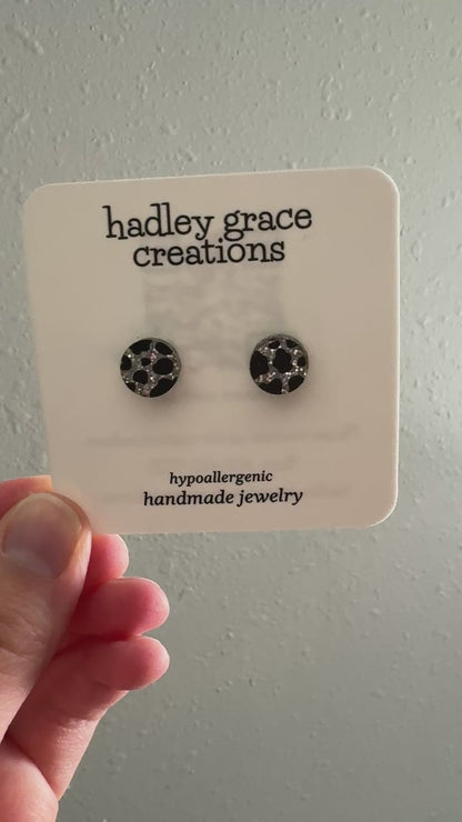 Cow Print Silver Glitter Back Stud Earrings
