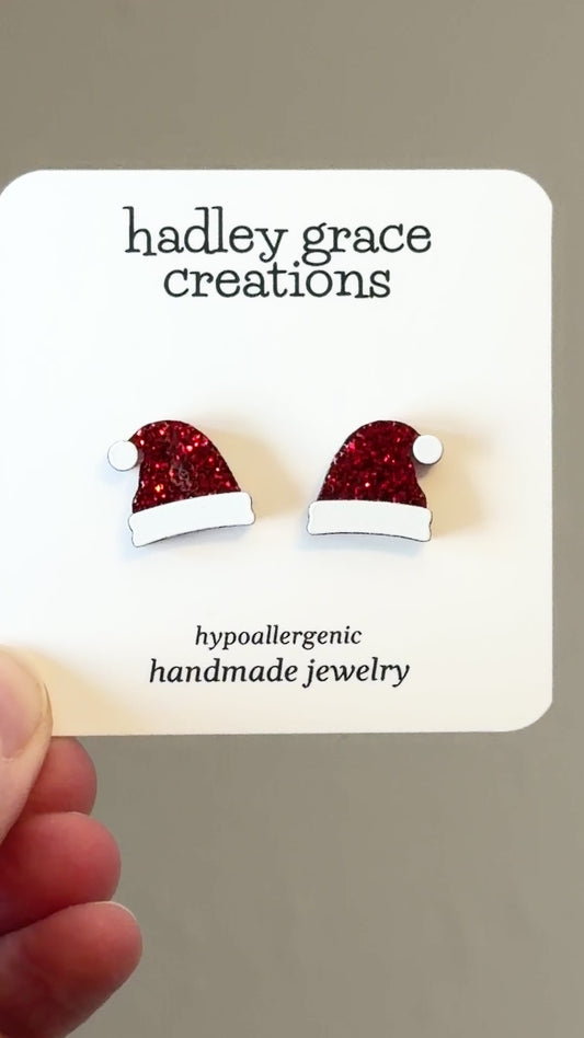 Santa Hat Red Glitter Stud Earrings